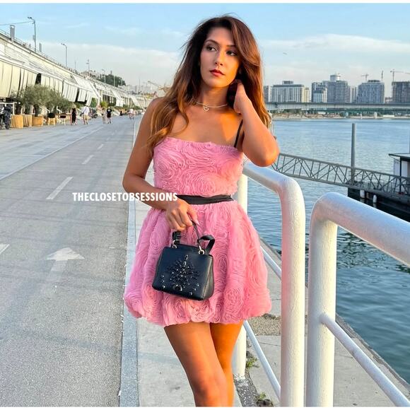 ZARA Textured Strapless Mini Dress NWT | Pink Floral Rosette Balloon Hem - Picture 7 of 16